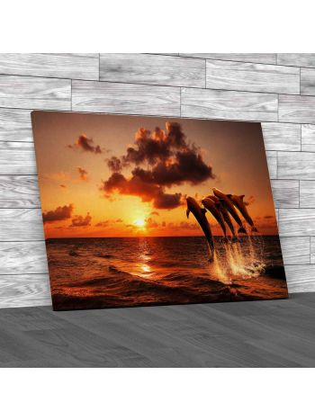 Sunset With Dolphins Jumping Canvas Print Large Picture Wall Art