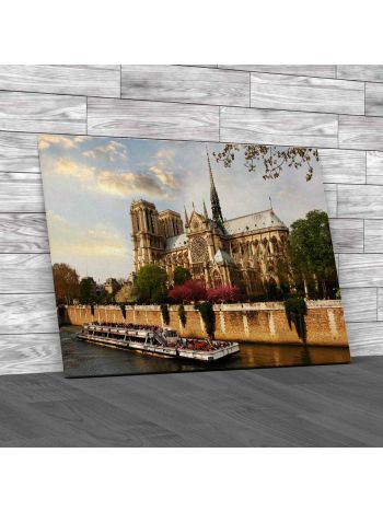 Notre Dame With Boat On Seine Canvas Print Large Picture Wall Art