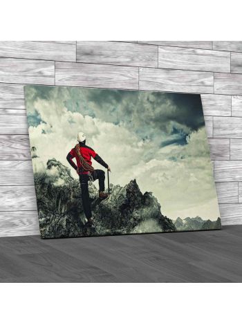 Mountaineer Standing Atop Of Rock Canvas Print Large Picture Wall Art